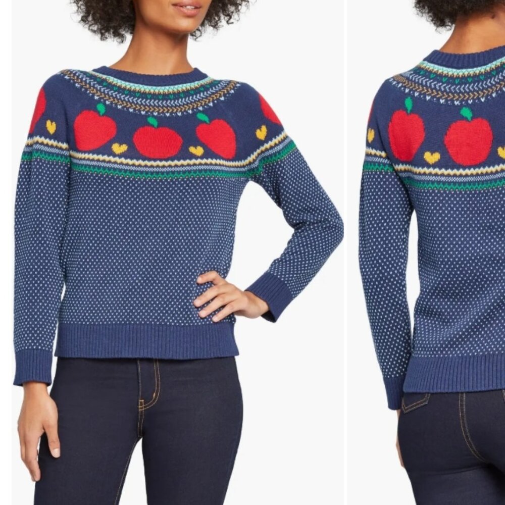 Modcloth Fair Isle Apple Crewneck 100% Cotton Sweater Womens Small Navy Blue Red